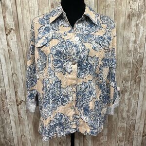 Ruby Rd. Blue‎ and Tan Button Down Shirt